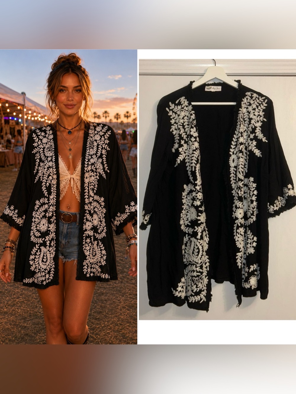 Black and white floral embroidered kimono open cardigan duster Size 2X